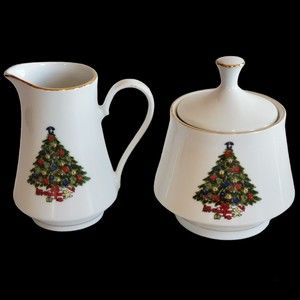 TRISA CHRISTMAS TREE GOLD TRIM 3-1/2" SUGAR BOWL CREAMER SET HOLIDAY
